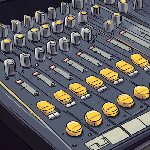A cartoon mixing board with knobs and buttons to configure stuff with.